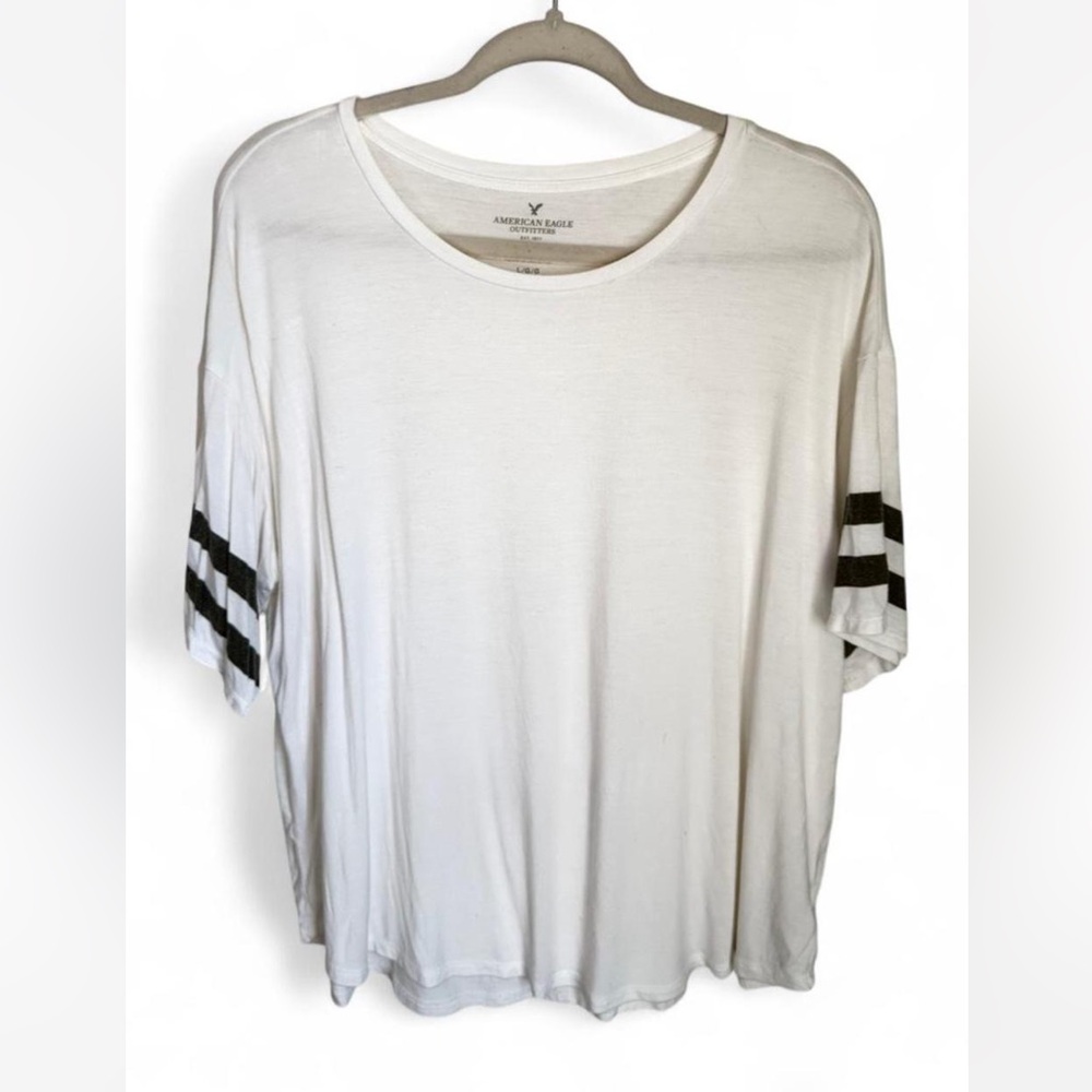 American Eagle Outfitters White Tee with Black Sleeve Stripes